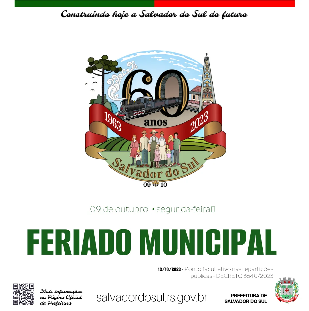 Prefeitura de Salvador do Sul informa que nesta segunda-feira (9) é feriado municipal